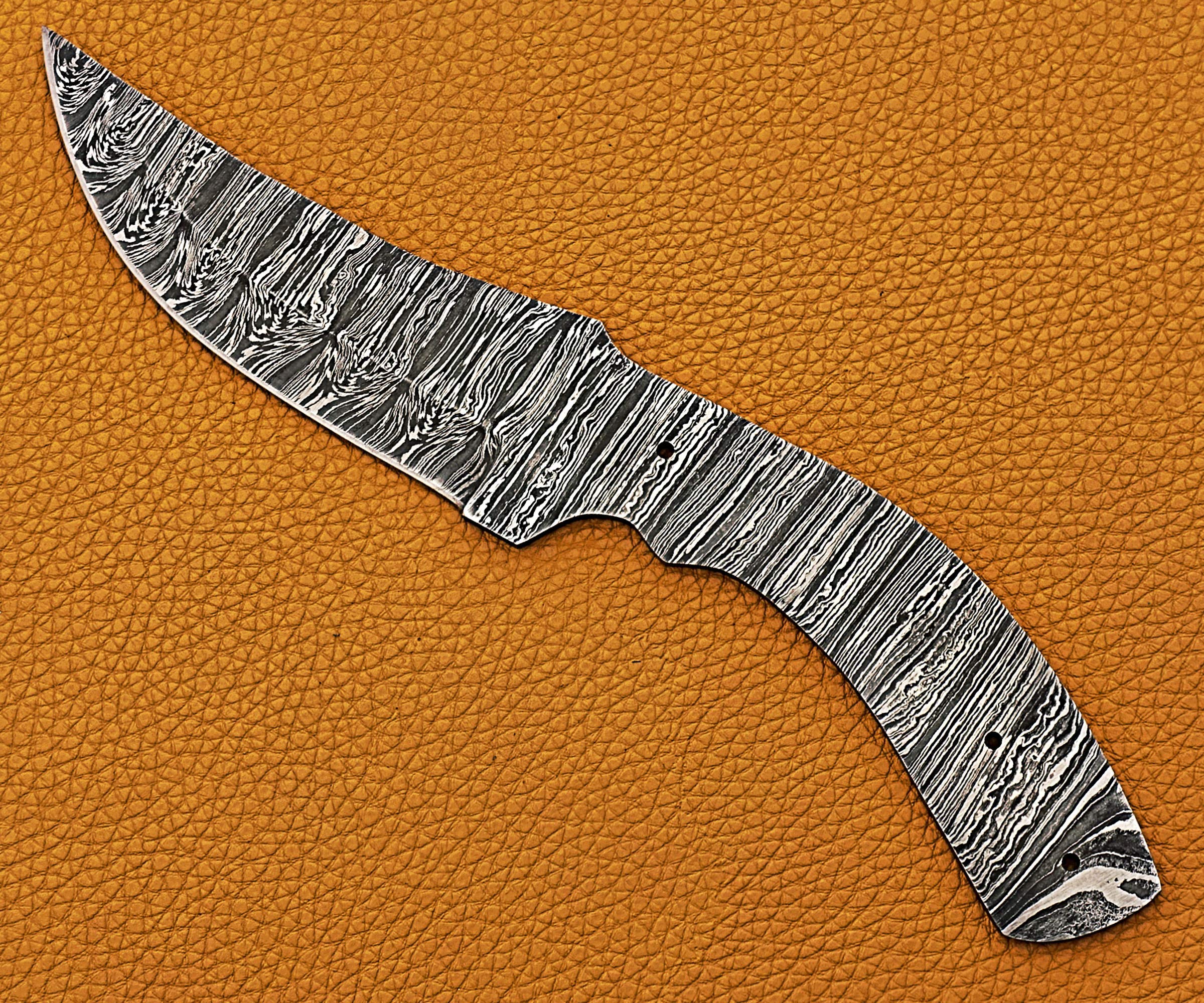 9.25 inches long trailing point blank blade skinning knife, hand forged Ladder Pattern Damascus steel blade, 4.5" scale with 3 Pin hole, 4.25" trailing point blade with 4" cutting edge