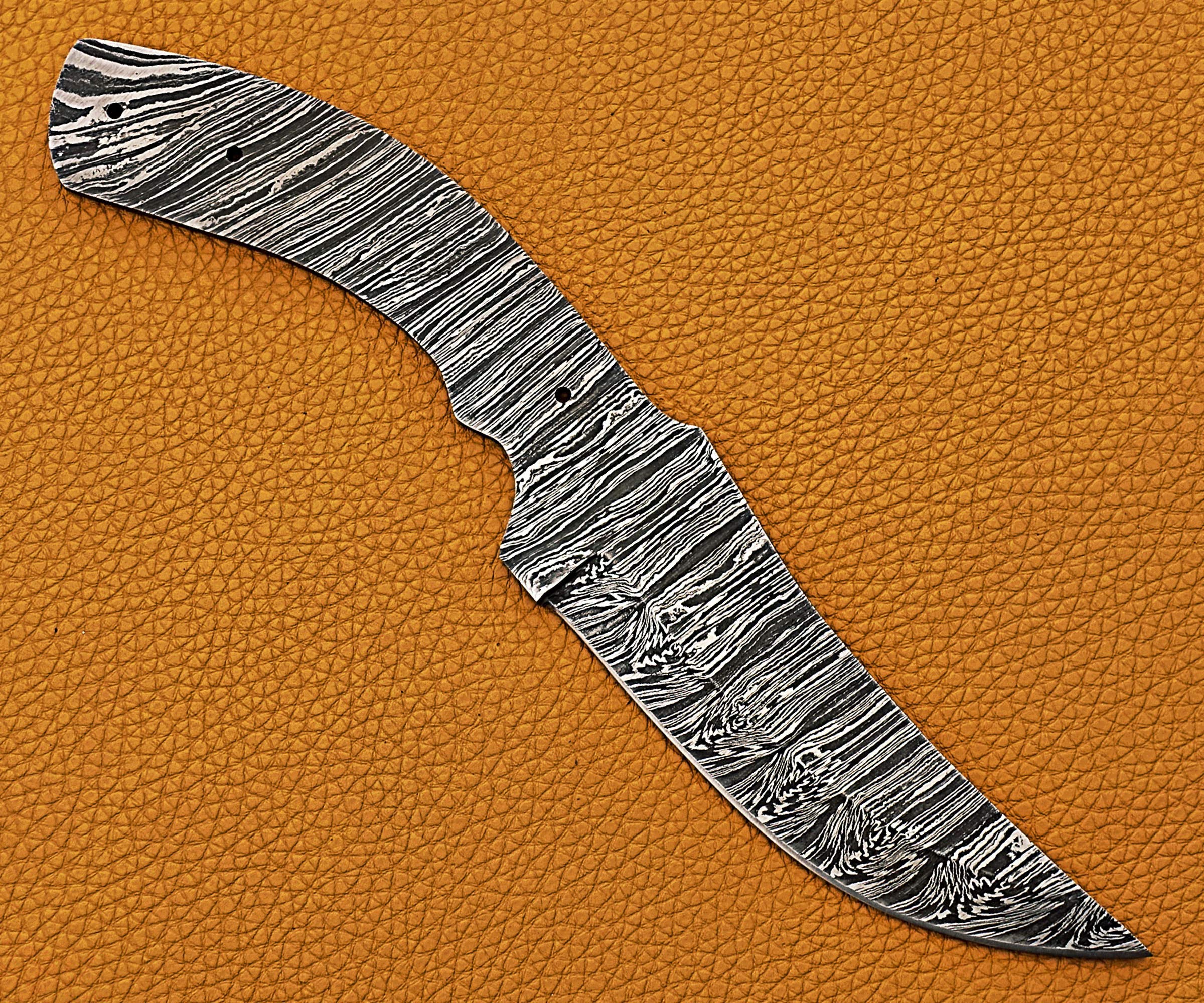 9.25 inches long trailing point blank blade skinning knife, hand forged Ladder Pattern Damascus steel blade, 4.5" scale with 3 Pin hole, 4.25" trailing point blade with 4" cutting edge