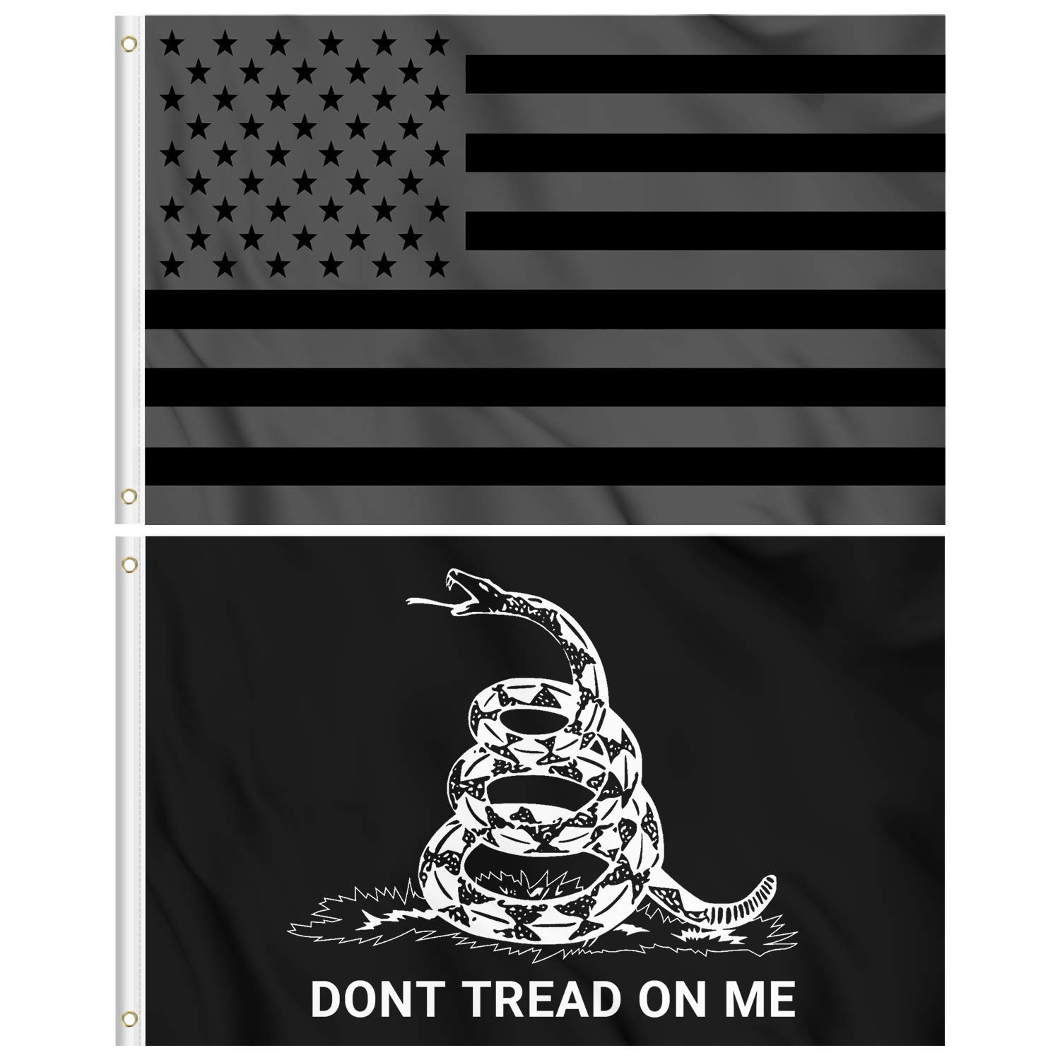 KENPMA All Black Out American Flag - Don't Tread On Me Gadsden Flag 3x5 ft 2-Pack Wall Banners House Porch Yard Lawn Decorative Sign US Outdoor Flag with Grommets - Printed Polyester Fade Proof