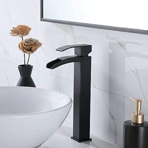 VCCUCINE Vessel Sink Faucet Black, Waterfall Bathroom Faucet, Single Hole Lavatory Vanity Sink Faucets with Pop Up Drain and Two 3/8" Hoses