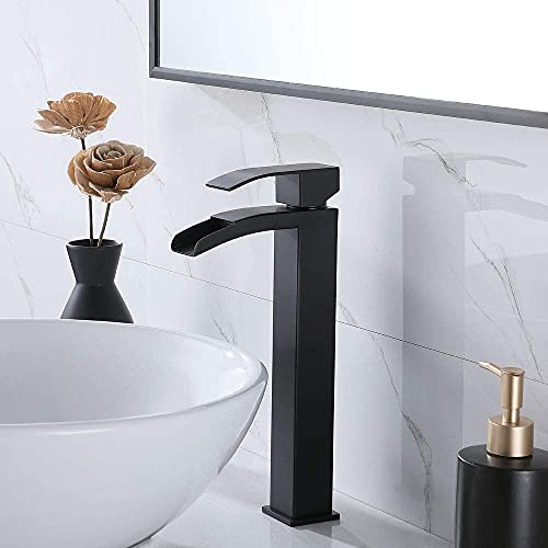 VCCUCINE Vessel Sink Faucet Black, Waterfall Bathroom Faucet, Single Hole Lavatory Vanity Sink Faucets with Pop Up Drain and Two 3/8" Hoses