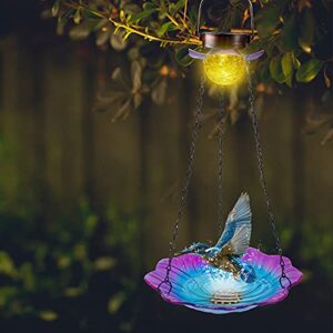 MAGGIFT Solar Powered Bird Bath for Outdoor Hanging, Wild Bird Feeder Glass Flower Seed Tray Outside, Waterproof Birdfeeders Solar Garden Crackle Glass Ball Light Warm White LED Landscape Lighting