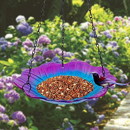 MAGGIFT Solar Powered Bird Bath for Outdoor Hanging, Wild Bird Feeder Glass Flower Seed Tray Outside, Waterproof Birdfeeders Solar Garden Crackle Glass Ball Light Warm White LED Landscape Lighting