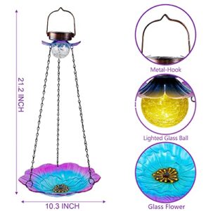 MAGGIFT Solar Powered Bird Bath for Outdoor Hanging, Wild Bird Feeder Glass Flower Seed Tray Outside, Waterproof Birdfeeders Solar Garden Crackle Glass Ball Light Warm White LED Landscape Lighting