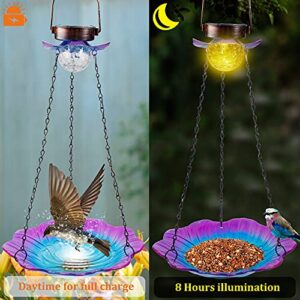 MAGGIFT Solar Powered Bird Bath for Outdoor Hanging, Wild Bird Feeder Glass Flower Seed Tray Outside, Waterproof Birdfeeders Solar Garden Crackle Glass Ball Light Warm White LED Landscape Lighting