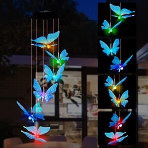 sand mine solar wind chimes, outdoor solar butterfly wind chimes, color changing led mobile wind chime, outdoor waterproof led solar light for porch deck garden patio decor, blue