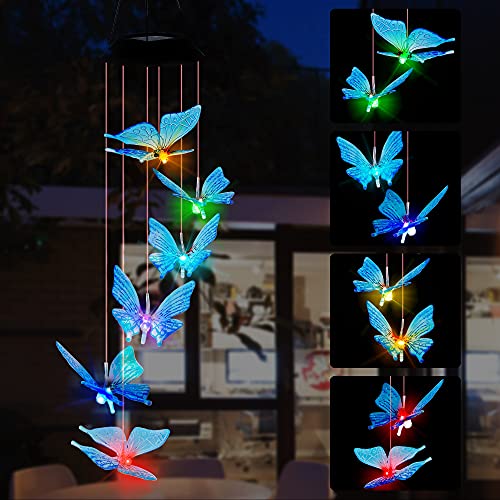 SAND MINE Solar Wind Chimes, Outdoor Solar Butterfly Wind Chimes, Color Changing LED Mobile Wind Chime, Outdoor Waterproof LED Solar Light for Porch Deck Garden Patio Decor, Blue