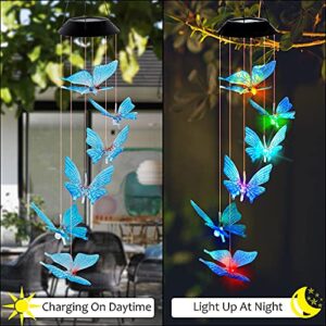 SAND MINE Solar Wind Chimes, Outdoor Solar Butterfly Wind Chimes, Color Changing LED Mobile Wind Chime, Outdoor Waterproof LED Solar Light for Porch Deck Garden Patio Decor, Blue