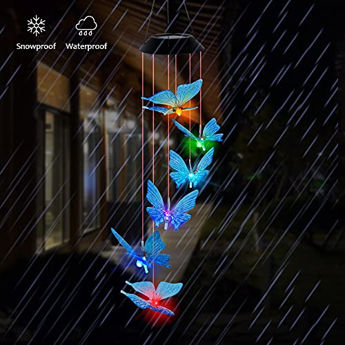 SAND MINE Solar Wind Chimes, Outdoor Solar Butterfly Wind Chimes, Color Changing LED Mobile Wind Chime, Outdoor Waterproof LED Solar Light for Porch Deck Garden Patio Decor, Blue