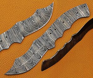 9" long dao blade, hand forged ladder pattern damascus steel blank blade, 4.5" long blade with 4" cutting edge, 4.5" finger serrated scale with 5 pin holes