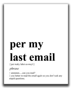 funny office decor - 8x10" unframed print - definition of 'per my last email' black & white typography wall art - office wall art - coworker gifts