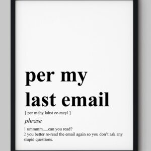 Funny Office Decor - 8x10" UNFRAMED Print - Definition Of 'Per My Last Email' Black & White Typography Wall Art - Office Wall Art - Coworker Gifts