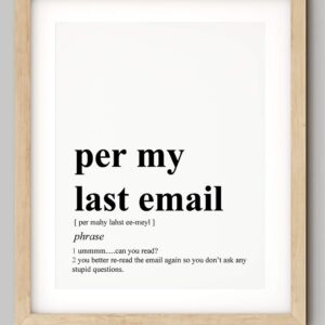 Funny Office Decor - 8x10" UNFRAMED Print - Definition Of 'Per My Last Email' Black & White Typography Wall Art - Office Wall Art - Coworker Gifts