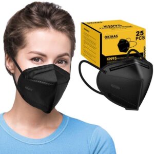 okiaas 25 pack kn95 face mask, 5-layer masks disposable kn95 black,face protection against pm2.5, dust, pollen and haze, for women, men
