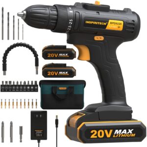 inspiritech 20v cordless drill, power drill set with 2 batteries and charger,3/8-inch chuck electric drill kit with 24-torque setting, drill driver bits and tool bag included