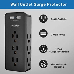 Surge Protector, Outlet Extender with 9 Outlets, Multi Plug Outlet with 2 USB Ports(Smart 2.4A Total), USB Wall Charger Power Strip, Plug Extender, Outlet Splitter College Dorm Room Essentials, Black