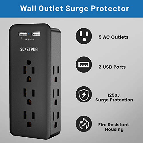 Surge Protector, Outlet Extender with 9 Outlets, Multi Plug Outlet with 2 USB Ports(Smart 2.4A Total), USB Wall Charger Power Strip, Plug Extender, Outlet Splitter College Dorm Room Essentials, Black