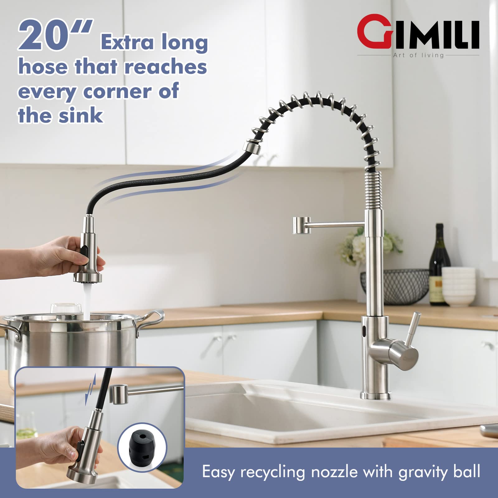 GIMILI Touchless Kitchen Faucet with Pull Down Sprayer, Motion Sensor Smart Hands-Free Activated Single Hole Spring Faucet for Kitchen Sink, Brushed Nickel