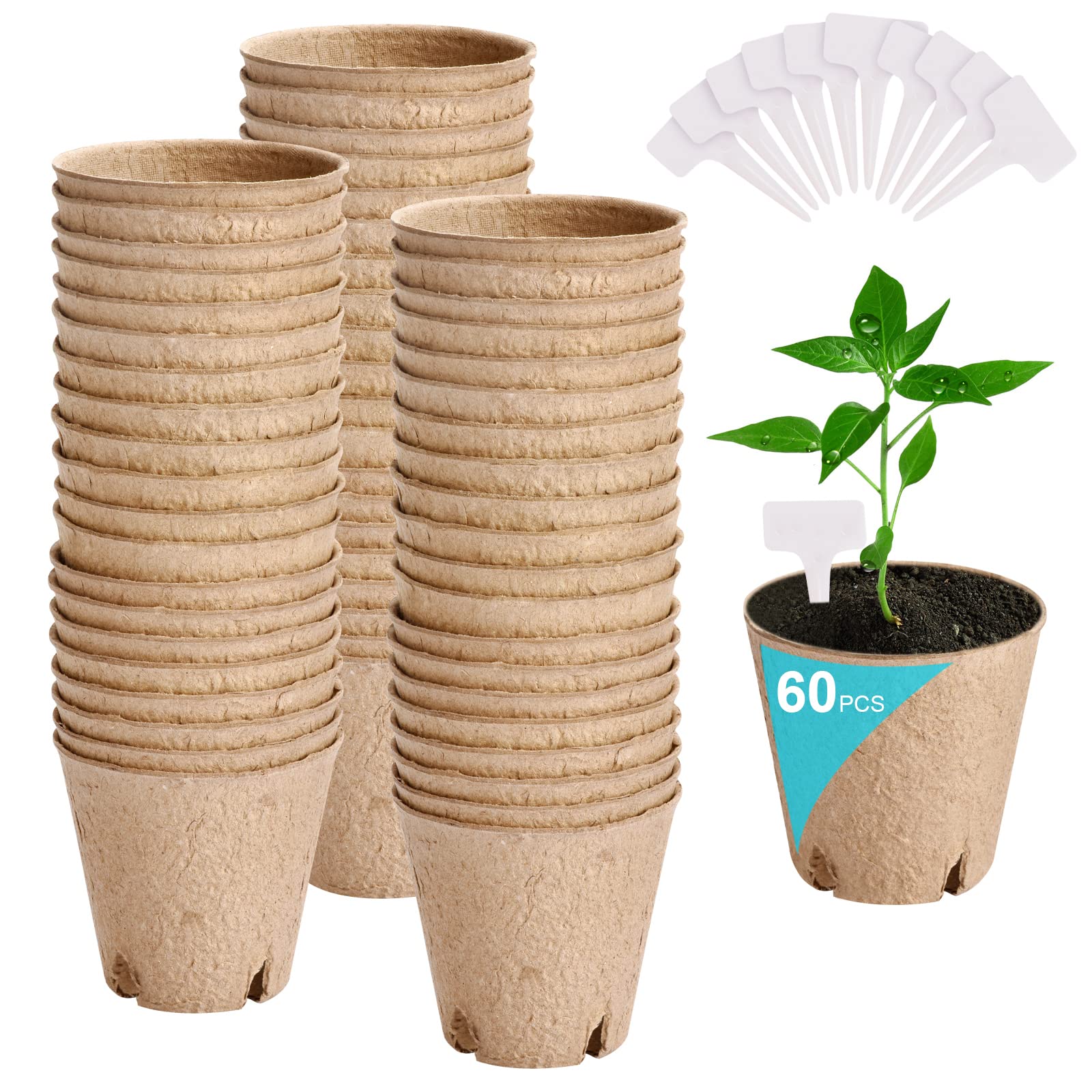 60 Packs 3.15 Inch Peat Pots for Seedlings, Biodegradable Seeds Starter Nursery Pots, Holes Round Seed Starter Pots for Plant Vegetables or Gardening Supplies with Bonus 10 Pcs Plant Labels.