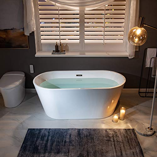 WOODBRIDGE 59" Acrylic Freestanding Bathtub Contemporary Soaking White Tub with Matte Black Overflow and Drain，B0014-MB-Drain &O