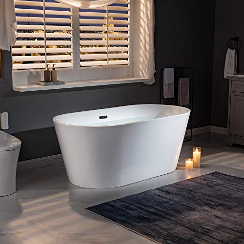 WOODBRIDGE 59" Acrylic Freestanding Bathtub Contemporary Soaking White Tub with Matte Black Overflow and Drain，B0014-MB-Drain &O