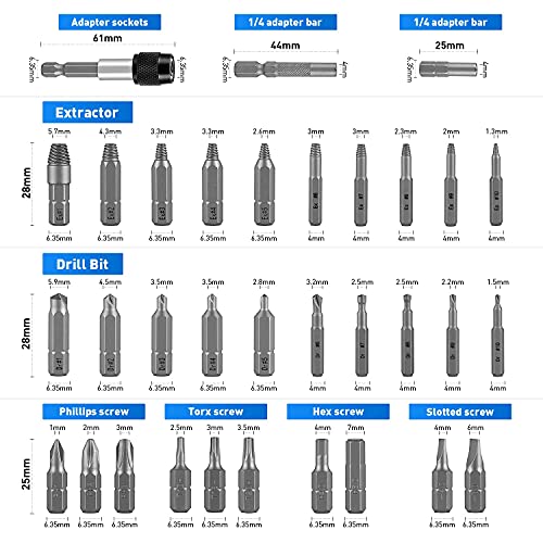 VMAN 33PCS Damaged Screw Extractor Set Stripped Screw Extractor Set for Broken Bolt, Screw Extractor Remover Tool with Socket Extension Bit, Easily Remove All-Purpose Broken Bolt, Stripped Screws