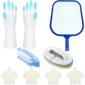 8 pieces hot tub accessories, swimming pool cleaning kit spa maintenance supplies contain skimmer net, scrubbing brush and sponge brush turtle oil absorbing sponge, with a pair of gloves