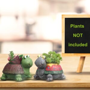 Turtle Succulent Flower Pot Mini Resin Animal Plant Pot Resin Succulent Pot Planter Cute Cartoon Bonsai Pot Bonsai Plant Holder for Home Office Desktop Table Ornament (Green Turtle with Brown Shell)