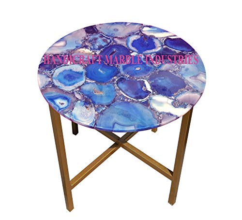 24" Inch Round Blue Agate Coffee Table with Metal Base, Blue Agate Stone Table, Blue Agate Stone Centre Table, Agate Round Corner Side Table Home Decor, Piece Of Conversation, Family HeirLoom