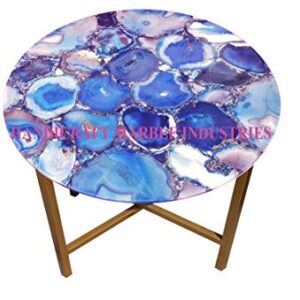 24" Inch Round Blue Agate Coffee Table with Metal Base, Blue Agate Stone Table, Blue Agate Stone Centre Table, Agate Round Corner Side Table Home Decor, Piece Of Conversation, Family HeirLoom