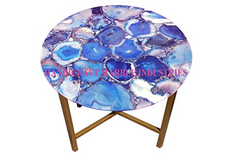 24" Inch Round Blue Agate Coffee Table with Metal Base, Blue Agate Stone Table, Blue Agate Stone Centre Table, Agate Round Corner Side Table Home Decor, Piece Of Conversation, Family HeirLoom