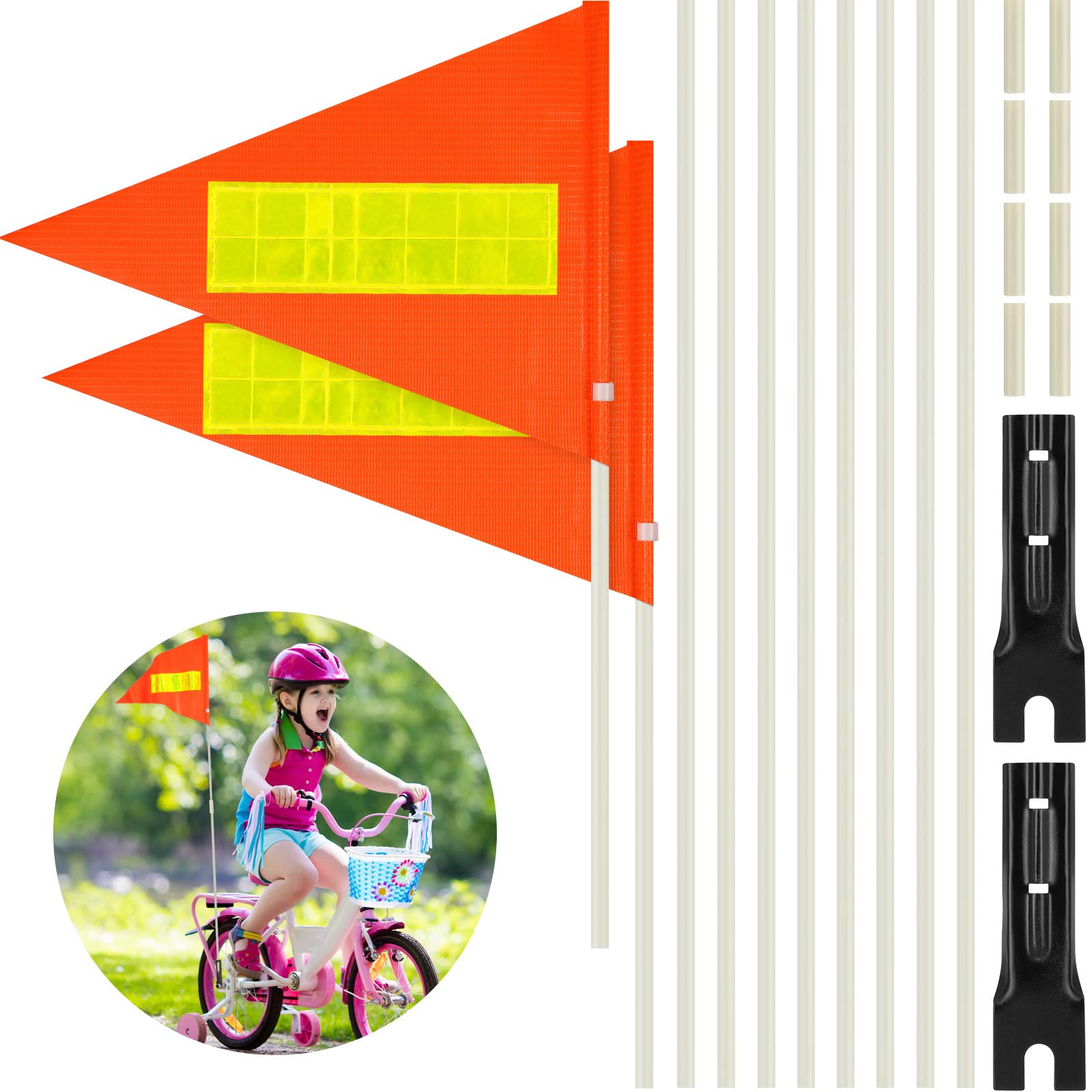 Tatuo 2 Sets Bike Flags with Pole, 6 Feet Height Adjustable Waterproof Orange Safety Flag Sturdy Fiberglass Bicycle Flag Pole for Kids Outdoor Cycling Supplies (Red Yellow and White)