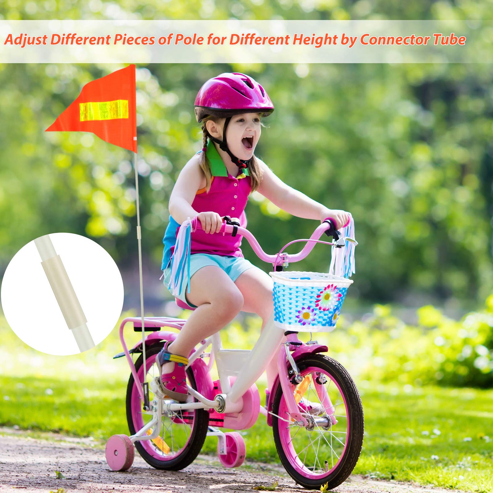 Tatuo 2 Sets Bike Flags with Pole, 6 Feet Height Adjustable Waterproof Orange Safety Flag Sturdy Fiberglass Bicycle Flag Pole for Kids Outdoor Cycling Supplies (Red Yellow and White)