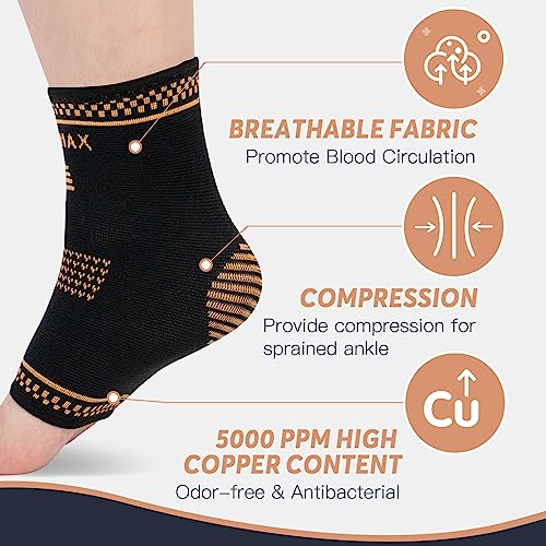 INDEEMAX Copper Ankle Brace for Women Men, Left and Right Foot Compression Support Sleeve Ankle Wrap Socks for Plantar Fasciitis, Sprained, Football, Running