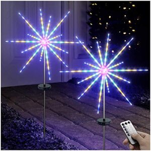 denicmic solar firework meteor lights 2 pack outdoor solar garden decorative starry starburst lights with remote, 8 modes landscape path lights for patio yard christmas decor (multicolor)