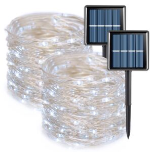 qitong white solar fairy lights outdoor waterproof, 2 pack each 33ft 100 led solar string lights, 8 modes silver wire solar christmas twinkle lights