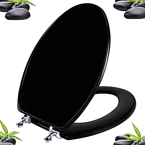 Black Elongated Toilet Seat Natural Wood Toilet Seat with Zinc Alloy Hinges, Easy to Install also Easy to Clean, Scratch Resistant Toilet Seat by Angol Shiold (Elongated, Black)