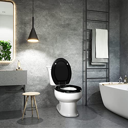 Black Elongated Toilet Seat Natural Wood Toilet Seat with Zinc Alloy Hinges, Easy to Install also Easy to Clean, Scratch Resistant Toilet Seat by Angol Shiold (Elongated, Black)