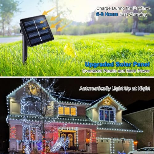 QITONG White Solar Christmas Lights, 2 Pack Each 66ft 200 LED Solar Fairy Lights Outdoor Waterproof, 8 Modes Silver Wire Solar Twinkle Mini Lights