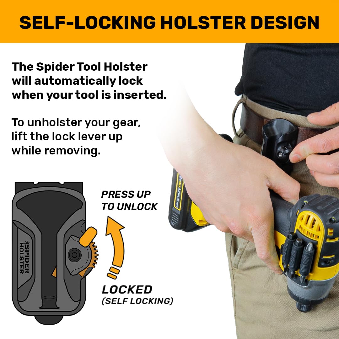Spider Tool Holster - Hammer Holster Set - 1 Tool Holster + 1 Hammer Tab - Self Locking, Quick Draw Universal Tool Holder for Carrying a Hammer, Mallet, Wrench - Compatible with All Major Tool Brands