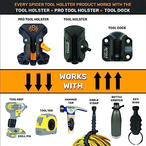 Spider Tool Holster - Expansion Set - 2 Elastic Tool Grips + 2 Adhesive Tool Tabs + 2 Hammer Tabs for Carrying a Power Drill, Driver, Tape Measure, Hammer, Pneumatic from a Spider Tool Holster!