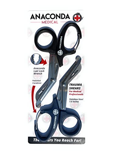 2 Pack Anaconda Medical Trauma Shears with Built-In Carabiner Clip (7.5 inch, Black and Blue)