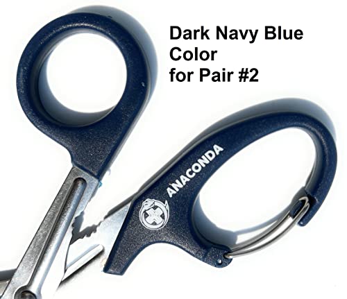 2 Pack Anaconda Medical Trauma Shears with Built-In Carabiner Clip (7.5 inch, Black and Blue)