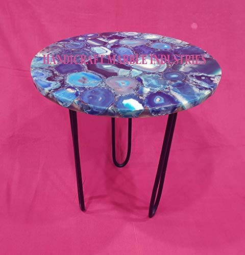 15" Inch Round Natural Blue Agate Coffee Table with with Metal Base, Agate Table Top Home Decor, Agate Round Coffee Table