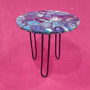 15" Inch Round Natural Blue Agate Coffee Table with with Metal Base, Agate Table Top Home Decor, Agate Round Coffee Table