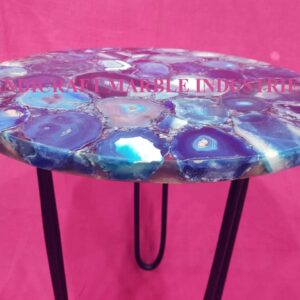 15" Inch Round Natural Blue Agate Coffee Table with with Metal Base, Agate Table Top Home Decor, Agate Round Coffee Table