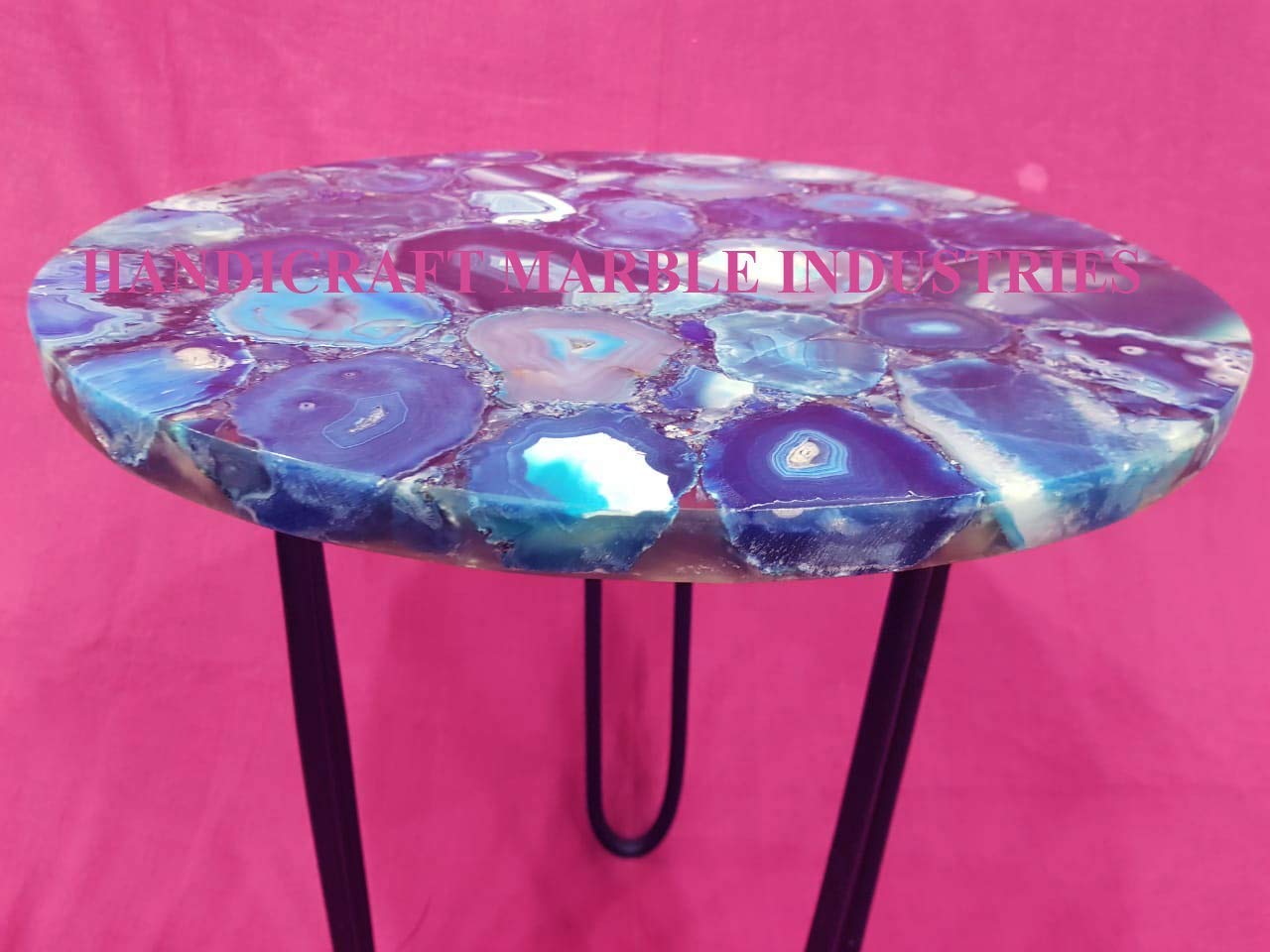 15" Inch Round Natural Blue Agate Coffee Table with with Metal Base, Agate Table Top Home Decor, Agate Round Coffee Table