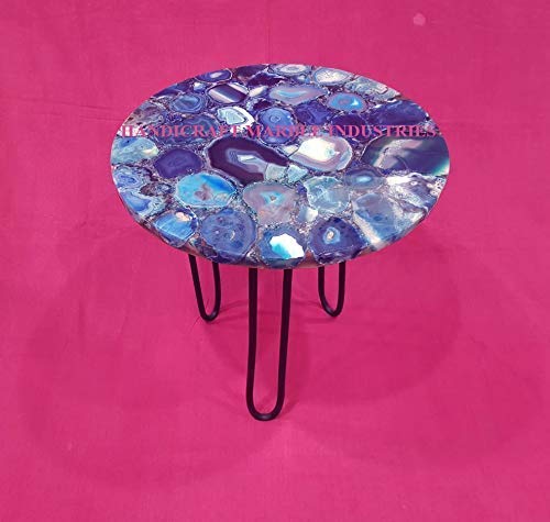 15" Inch Round Natural Blue Agate Coffee Table with with Metal Base, Agate Table Top Home Decor, Agate Round Coffee Table