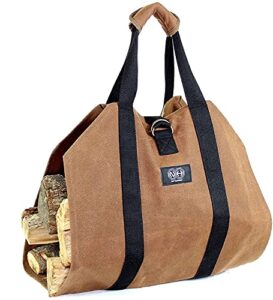 nut hugger firewood carrier log tote bag, waxed canvas wood carrying holder bag for fireplace camp log storage, portable heavy-duty for outdoor and indoor, water-resistant, large 39” x 18”