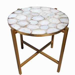 Natural White Agate Stone Round 21" x 21" Inch Table with Gold Foil Border & Metal Base, White Agate Stone Coffee Table & Metal Stand, White Agate Coffee Table, Piece Of Conversation, Family HeirLoom